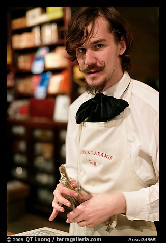 Alexander Kraft in cigar store, Old Town. San Diego, California, USA (color)