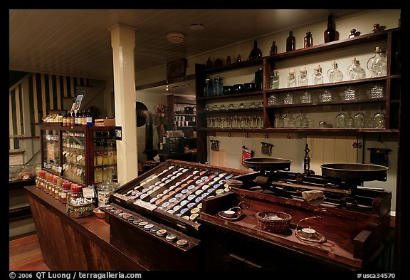 Interior of apothicary store, Old Town. San Diego, California, USA (color)