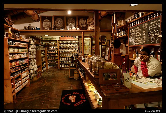 Man at the counter of Tea store,  Old Town. San Diego, California, USA (color)