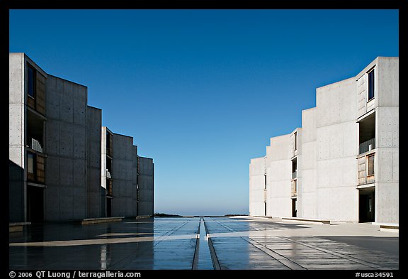 Watercourse bisecting travertine courtyard, Salk Institute. La Jolla, San Diego, California, USA (color)