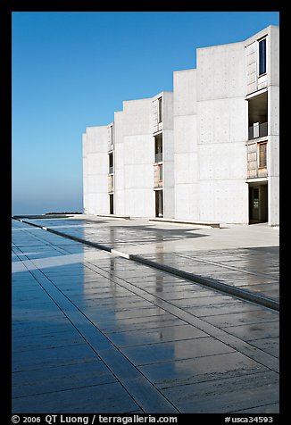 Cubist Laboratory blocks reflected in courtyard marble, Salk Institute. La Jolla, San Diego, California, USA (color)