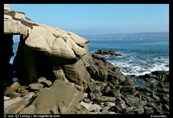 Coasline with seacave at the Cove. La Jolla, San Diego, California, USA (color)