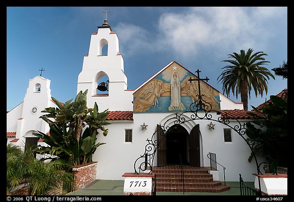 Church Mary Star of the Sea, designed by Carleon Winslow in California Mission style. La Jolla, San Diego, California, USA (color)