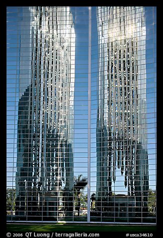 Bell tower reflected in Crystal Cathedral Facade. Garden Grove, Orange County, California, USA (color)