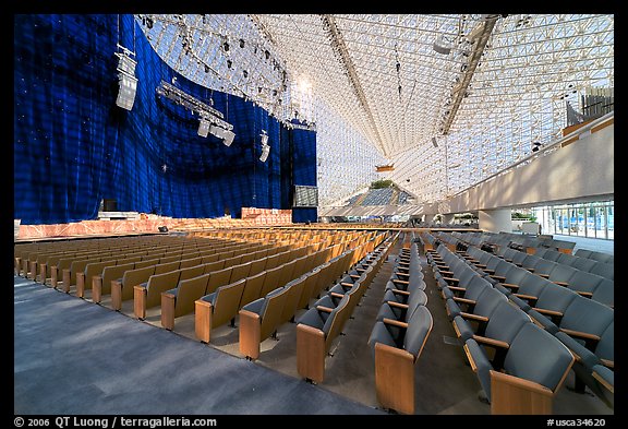 Interior of the Crystal Cathedral with set for the Glory of Christmas. Garden Grove, Orange County, California, USA (color)