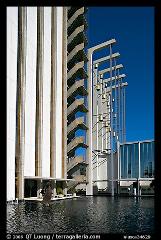 Tower and reflecting pool in the Crystal Cathedral complex. Garden Grove, Orange County, California, USA