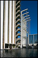 Tower and reflecting pool in the Crystal Cathedral complex. Garden Grove, Orange County, California, USA (color)