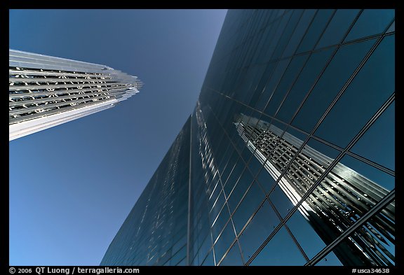 Reflections of the Bell tower in the glass facade of the Crystal Cathedral. Garden Grove, Orange County, California, USA (color)