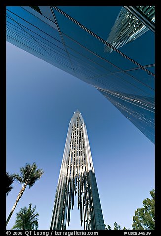 Bell tower and facade of the Crystal Cathedral, designed by Philip Johnson. Garden Grove, Orange County, California, USA (color)