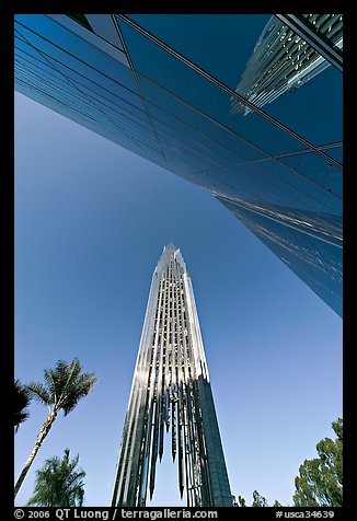 Bell tower and facade of the Crystal Cathedral, designed by Philip Johnson. Garden Grove, Orange County, California, USA