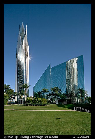 Crystal Cathedral and  bell tower, buildings made of glass for Televangelist Robert Schuller. Garden Grove, Orange County, California, USA
