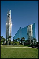 Crystal Cathedral and  bell tower, buildings made of glass for Televangelist Robert Schuller. Garden Grove, Orange County, California, USA