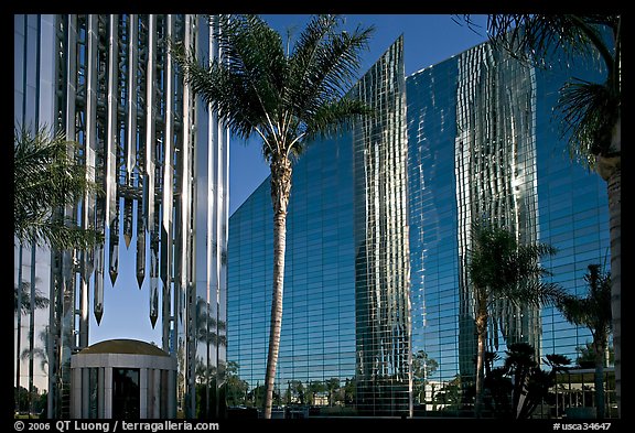 Bell Tower, Crystal Cathedral and reflections. Garden Grove, Orange County, California, USA (color)