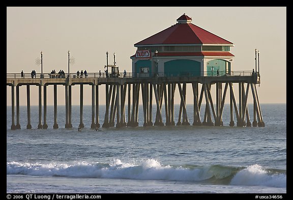 Surf and Huntington Pier, late afternoon. Huntington Beach, Orange County, California, USA