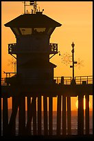 Lifeguard tower on Huntington Pier at sunset. Huntington Beach, Orange County, California, USA (color)