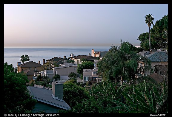 Villas and mediterranean vegetation at dawn. Laguna Beach, Orange County, California, USA (color)