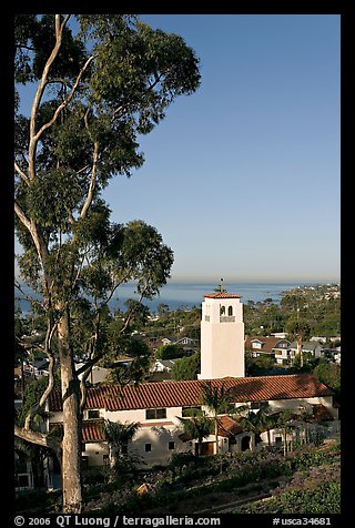 Eucalyptus and church in mission style. Laguna Beach, Orange County, California, USA