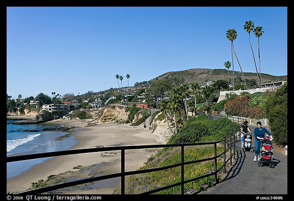 Women pushing babies in strollers in Heisler Park, above Picnic Beach. Laguna Beach, Orange County, California, USA (color)