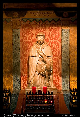 St Peregrine, patron saint of cancer sufferers, Serra Chapel. San Juan Capistrano, Orange County, California, USA (color)