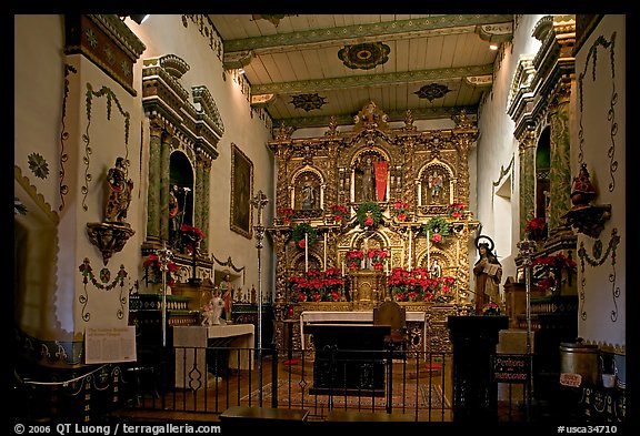 Altar and baroque retablo in the Serra Chapel. San Juan Capistrano, Orange County, California, USA