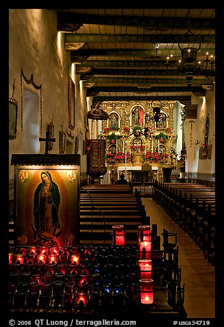 Inside of original mission chapel, constructed in 1782. San Juan Capistrano, Orange County, California, USA (color)