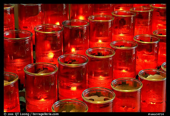 Red candles outside the Serra Chapel. San Juan Capistrano, Orange County, California, USA