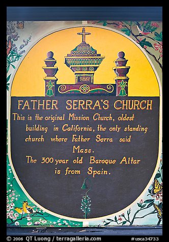 Sign explaining historical significance of Serra Chapel. San Juan Capistrano, Orange County, California, USA (color)