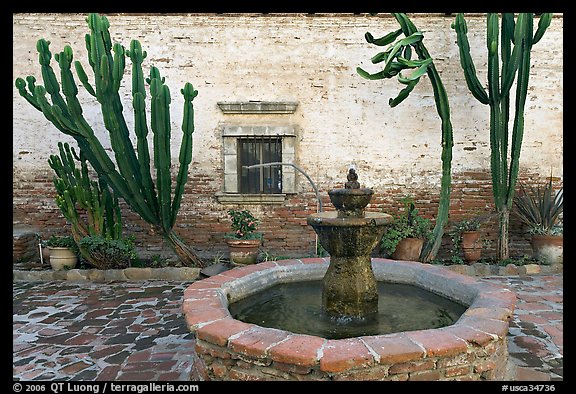 Sacred Garden, with fountain and cacti. San Juan Capistrano, Orange County, California, USA