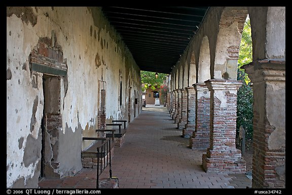 Corridor around the central courtyard. San Juan Capistrano, Orange County, California, USA