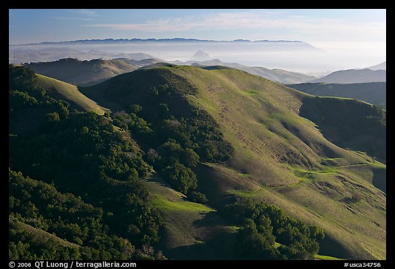 Green hills, with cost in the distance. California, USA