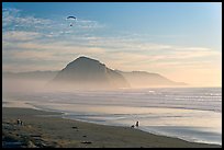 Motorized paraglider, women walking dog, with Morro Rock in the distance. Morro Bay, USA