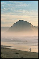 Women walking dog on the beach, with Morro Rock behind. Morro Bay, USA