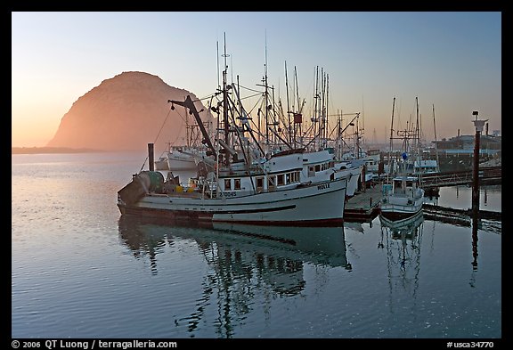 Fishing fleet and Morro Rock, sunset. Morro Bay, USA