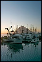 Fishing boats and Morro Rock, sunset. Morro Bay, USA (color)