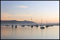 Yachts in calm Morro Bay harbor, sunset. Morro Bay, USA