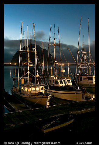 Lighted fishing boats and Morro Rock. Morro Bay, USA (color)