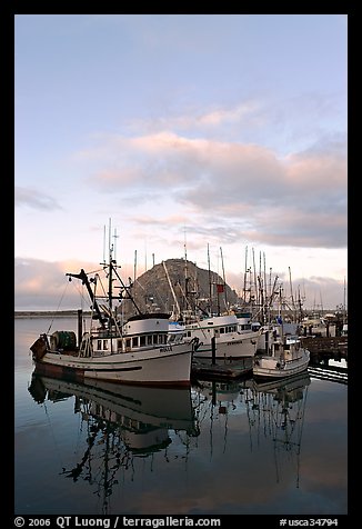 Fishing fleet and Morro Rock, sunrise. Morro Bay, USA