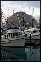 Fishing boats and Morro Rock, sunrise. Morro Bay, USA