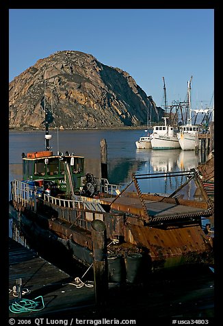 Dredge boat and Morro Rock. Morro Bay, USA