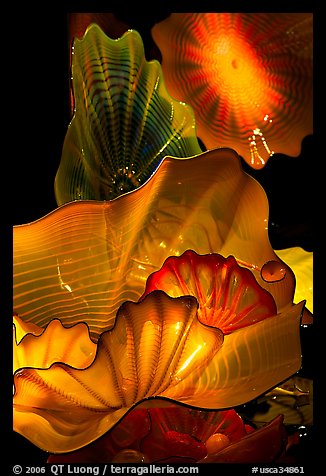 Glass artwork inspired by jellies, Monterey Bay Aquarium. Monterey, California, USA (color)