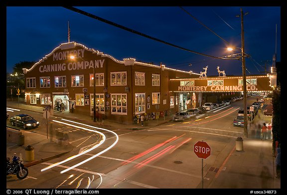 Monterey Canning Company building at night. Monterey, California, USA