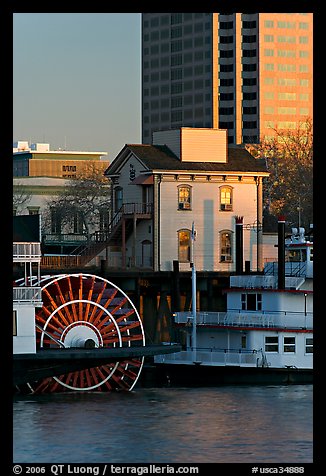 Paddle Steamers, historic house, and high rise building. Sacramento, California, USA (color)