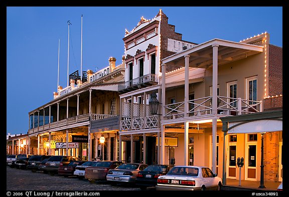 Gold-rush area buildings at night, Old Sacramento. Sacramento, California, USA