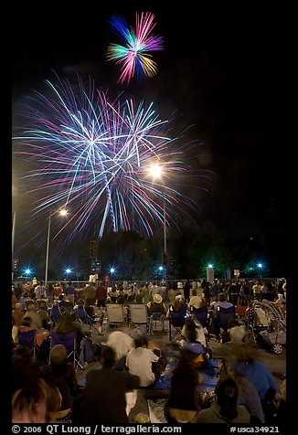 Families watching fireworks, Independence Day. San Jose, California, USA (color)