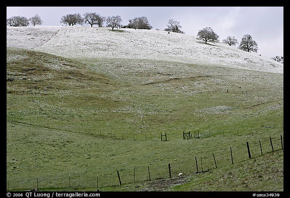 Hills with top covered with fresh snow, Mount Hamilton Range foothills. San Jose, California, USA (color)