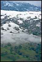 Green hills partly covered with snow, Mount Hamilton Range. San Jose, California, USA