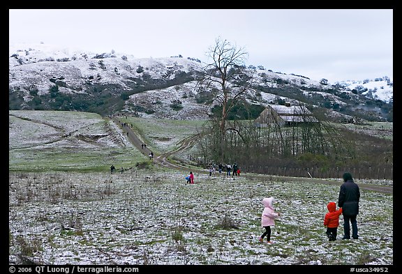 Families visiting Joseph Grant Park after a rare snowfall. San Jose, California, USA