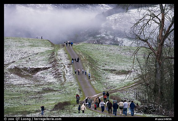 Residents visiting Joseph Grant Park after a rare snowfall. San Jose, California, USA (color)