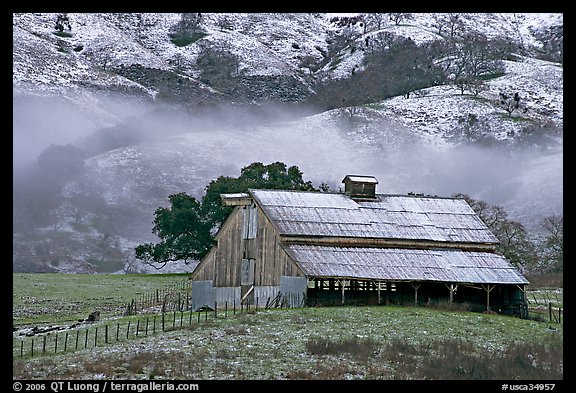 Barn with fresh dusting of snow. San Jose, California, USA