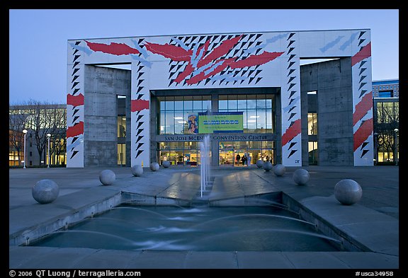 Convention center at dusk and fountains. San Jose, California, USA